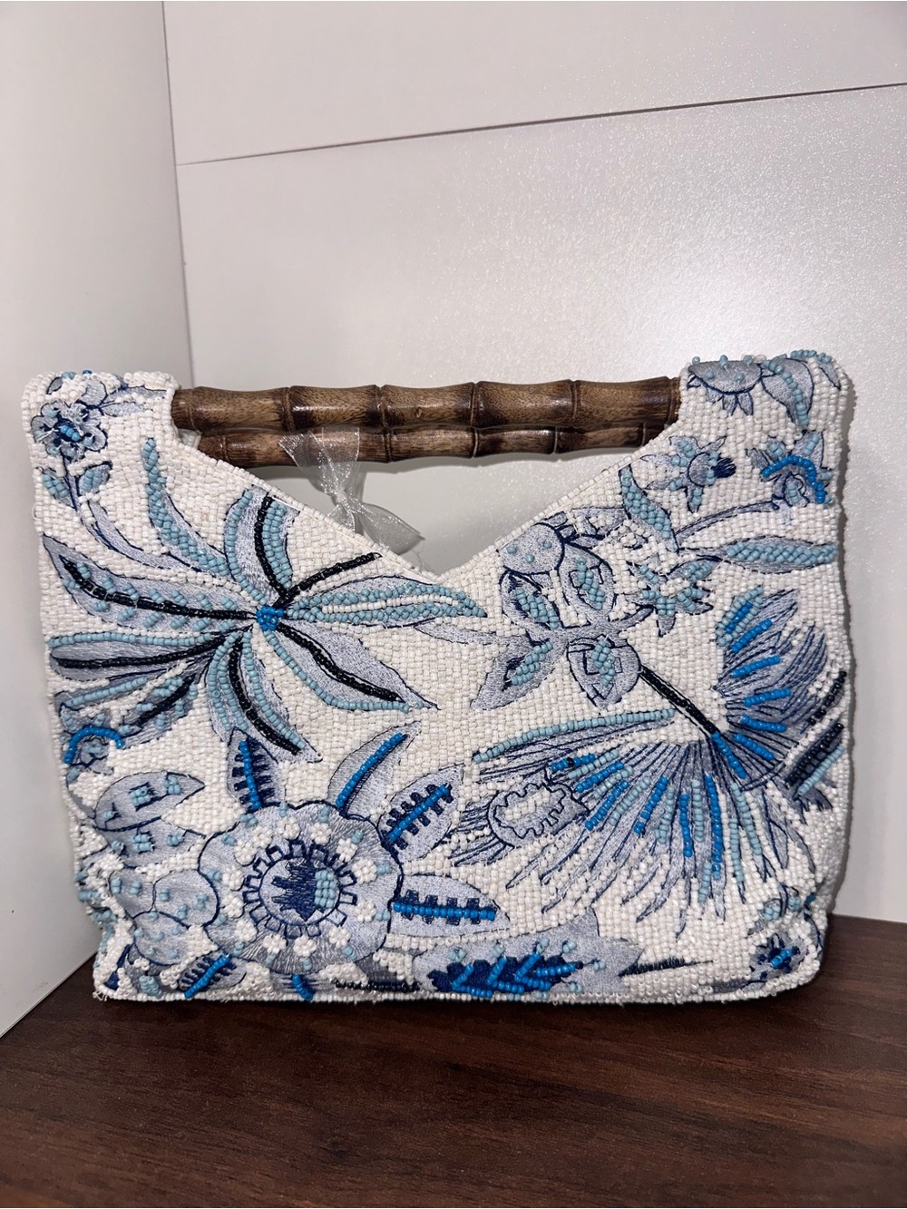 Beaded Floral Handbag with Bamboo Handle - White & Blue Made in India